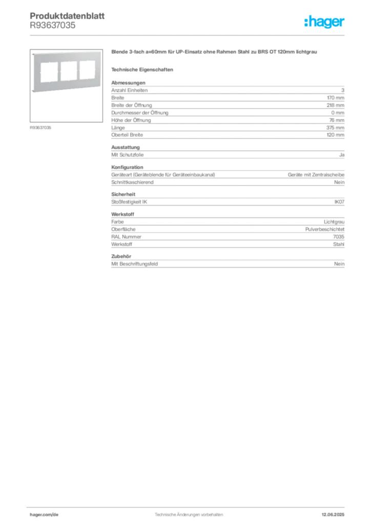 Bild Hager Produktdatenblatt R93637035 | Hager Deutschland