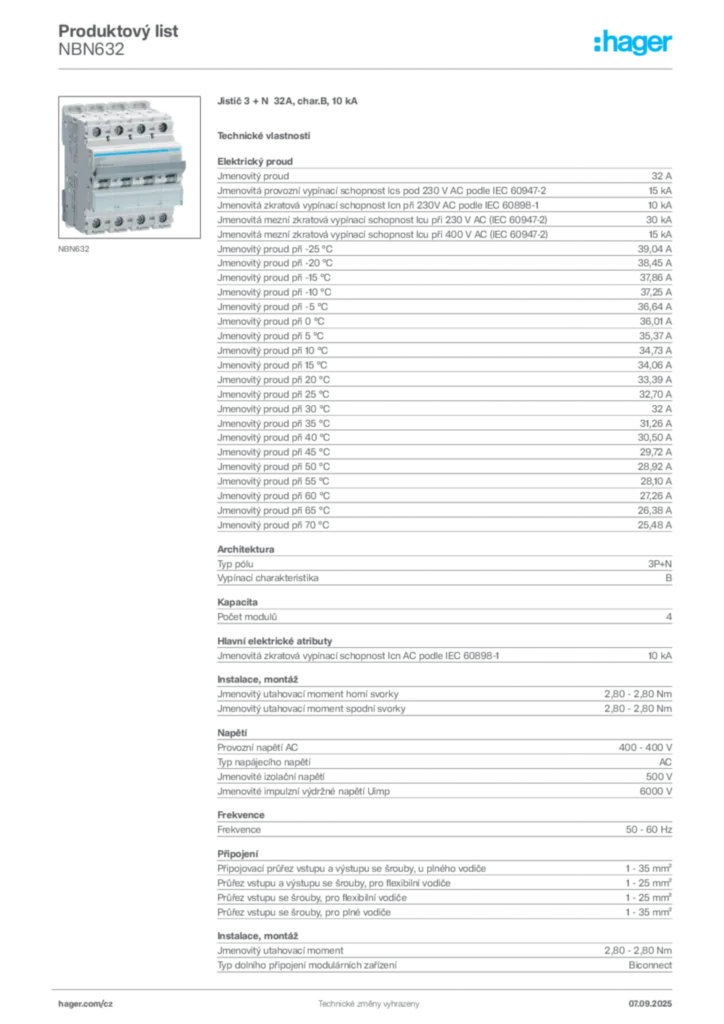 Obrázek Hager Produktový list NBN632 | Hager
