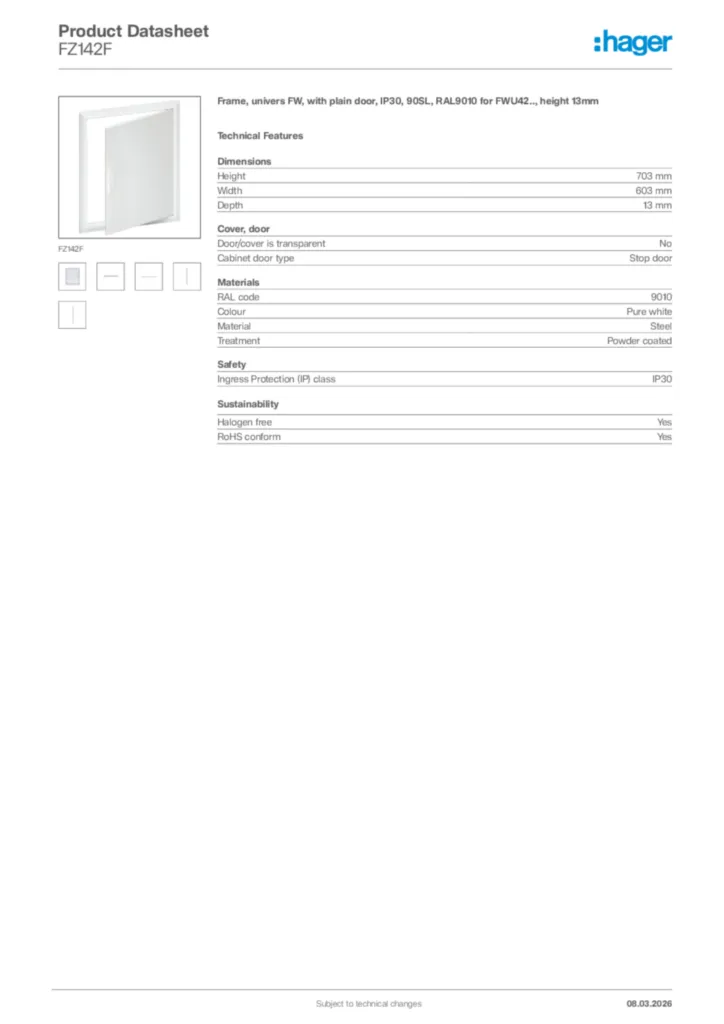 Image Hager Product data sheet FZ142F  | Hager Africa