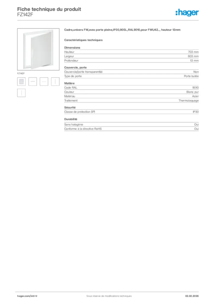 Image Hager Fiche technique du produit FZ142F | Hager Afrique