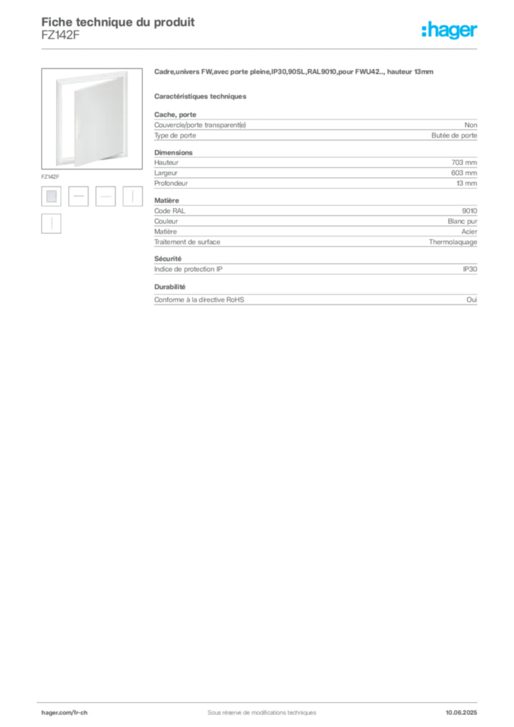Image Hager Fiche technique du produit FZ142F | Hager Suisse