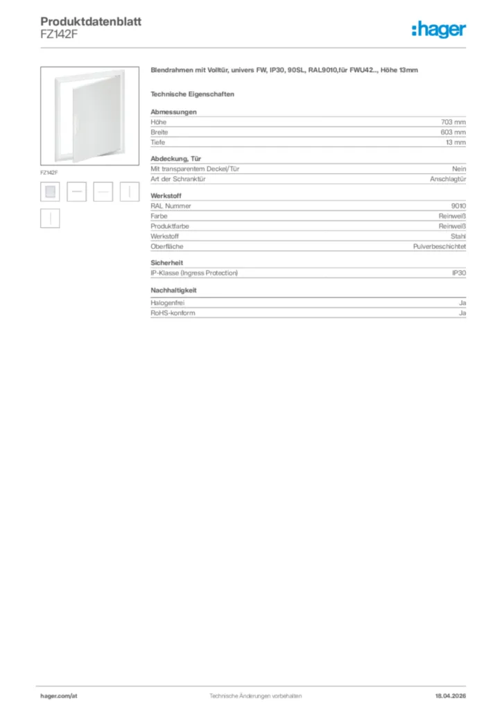 Bild Hager Produktdatenblatt FZ142F | Hager Deutschland