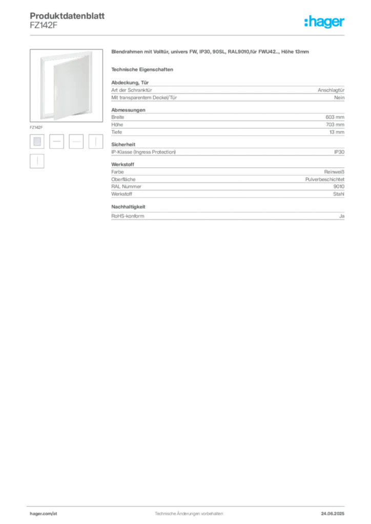 Bild Hager Produktdatenblatt FZ142F | Hager Deutschland