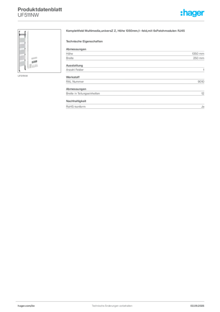 Hager Produktdatenblatt UF511NW