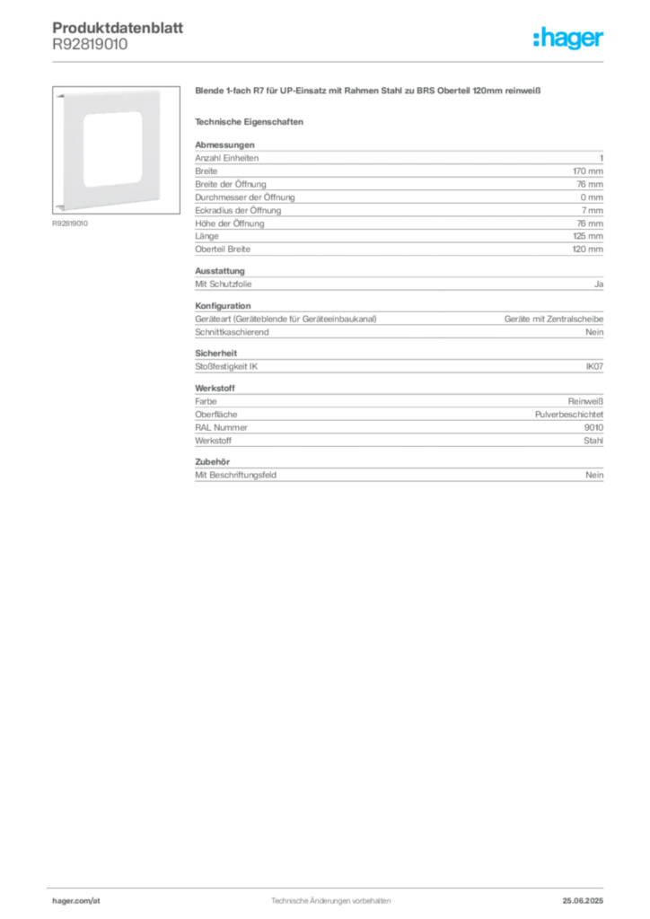 Bild Hager Produktdatenblatt R92819010 | Hager Deutschland