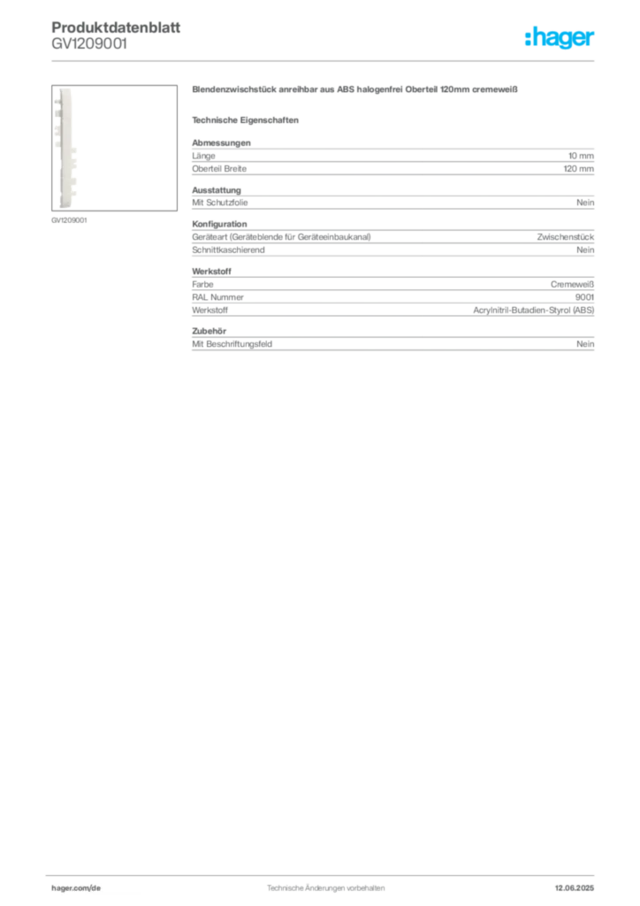 Bild Hager Produktdatenblatt GV1209001 | Hager Deutschland