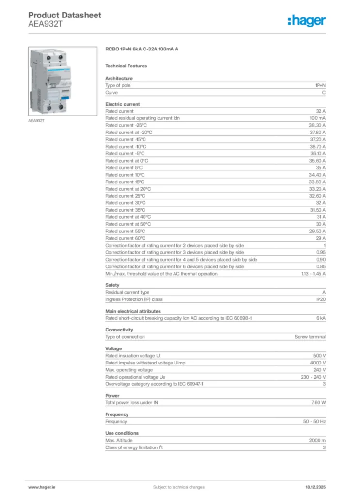 Image Hager Product data sheet AEA932T  | Hager