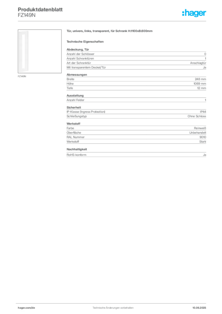 Bild Hager Produktdatenblatt FZ149N | Hager Deutschland