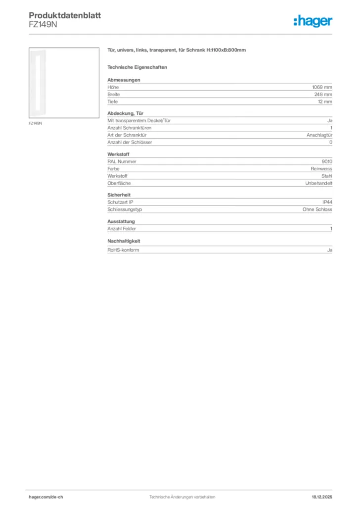 Bild Hager Produktdatenblatt FZ149N | Hager Schweiz