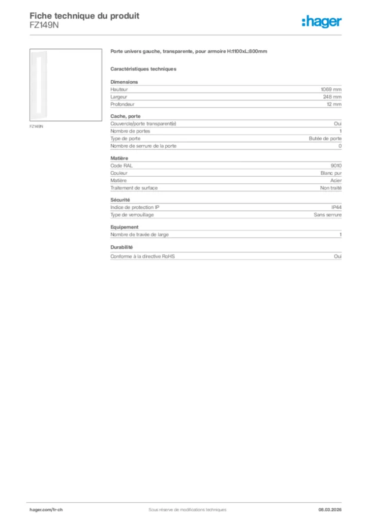 Image Hager Fiche technique du produit FZ149N | Hager Suisse