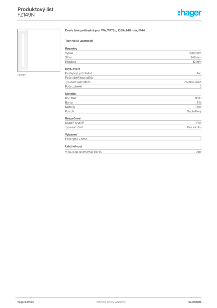 Obrázek Hager Produktový list FZ149N | Hager