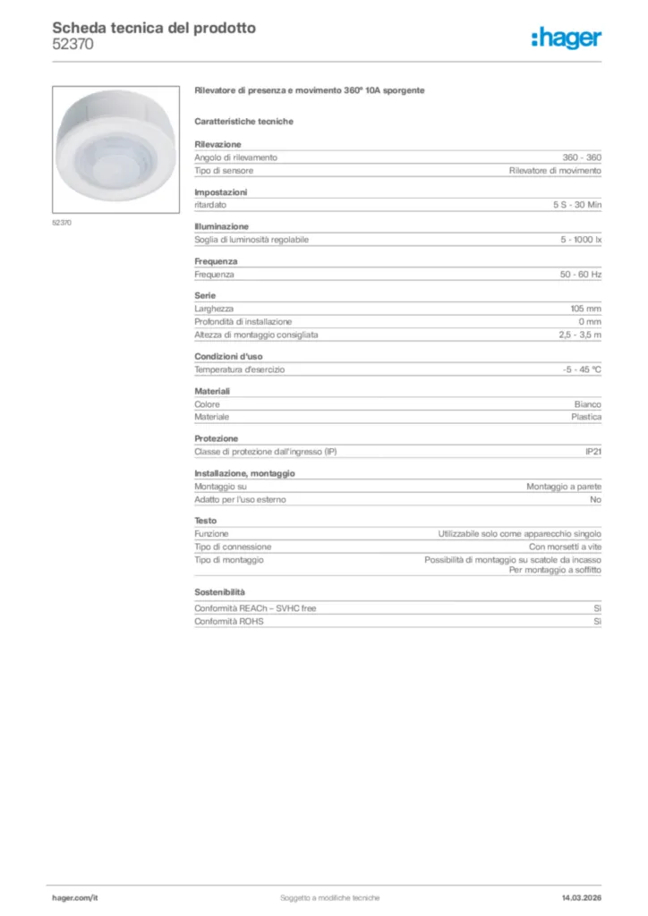 Immagine Hager Scheda tecnica del prodotto 52370 | Hager Italia