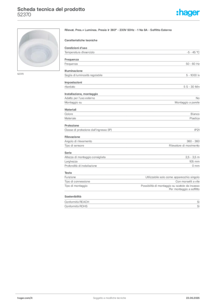 Immagine Hager Scheda tecnica del prodotto 52370 | Hager Italia