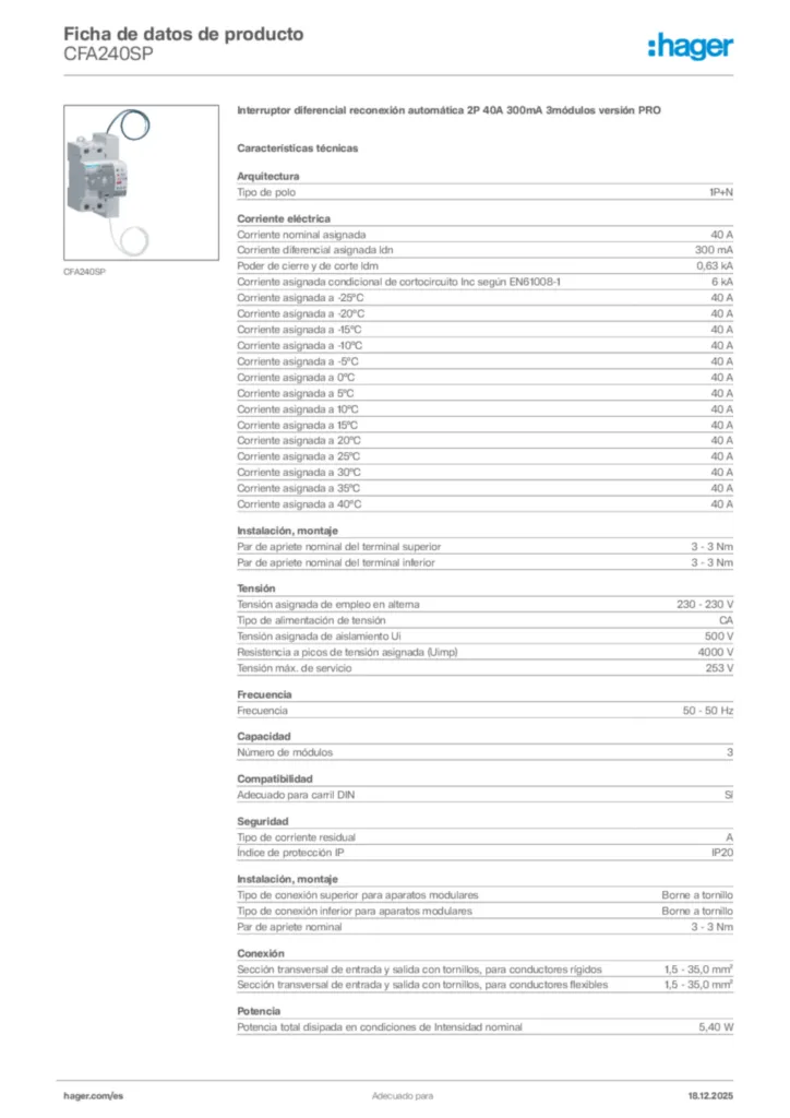 Imagen Hager Ficha de datos de producto CFA240SP | Hager España