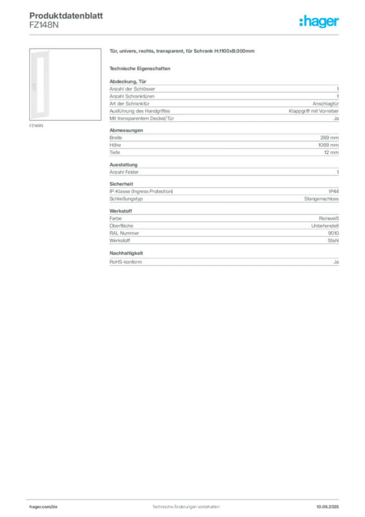 Hager Produktdatenblatt FZ148N