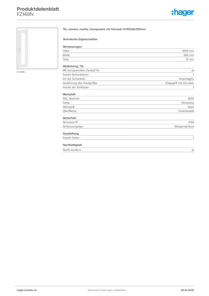 Bild Hager Produktdatenblatt FZ148N | Hager Schweiz
