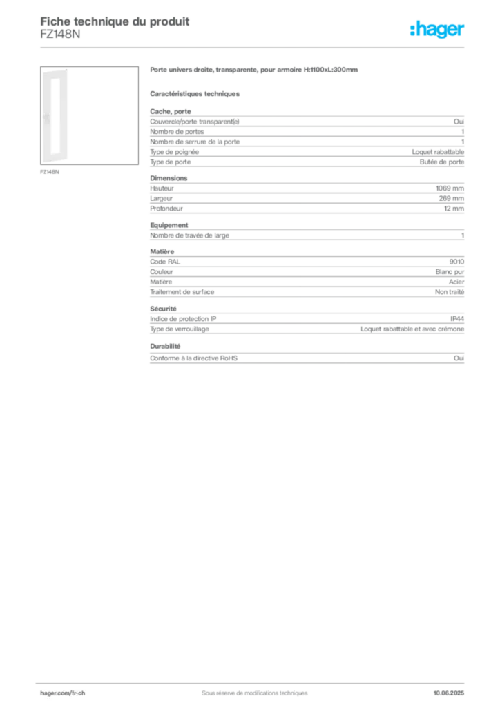 Image Hager Fiche technique du produit FZ148N | Hager Suisse