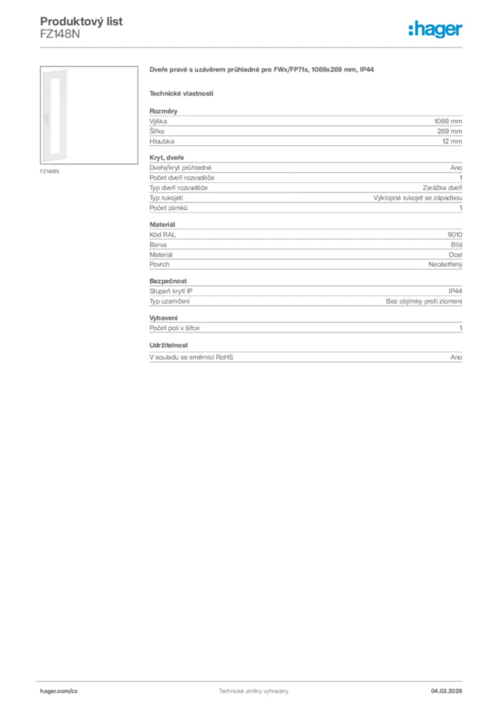 Obrázek Hager Product data sheet FZ148N | Hager