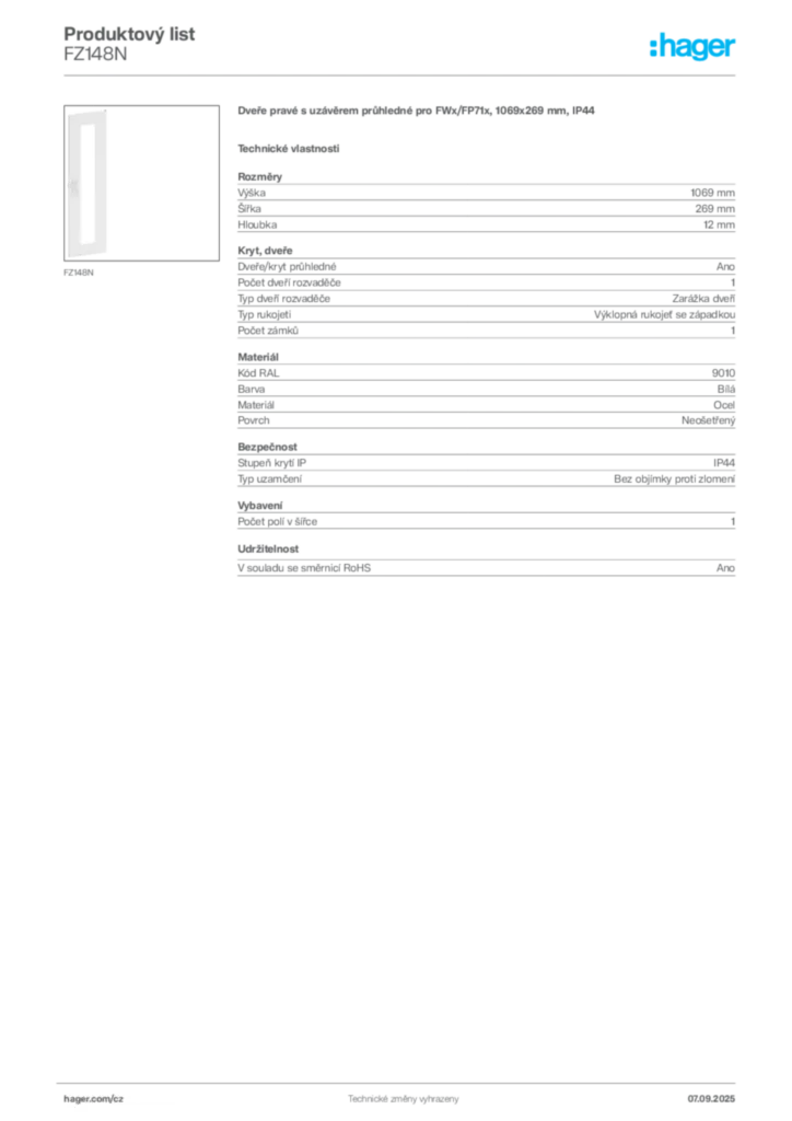 Obrázek Hager Produktový list FZ148N | Hager