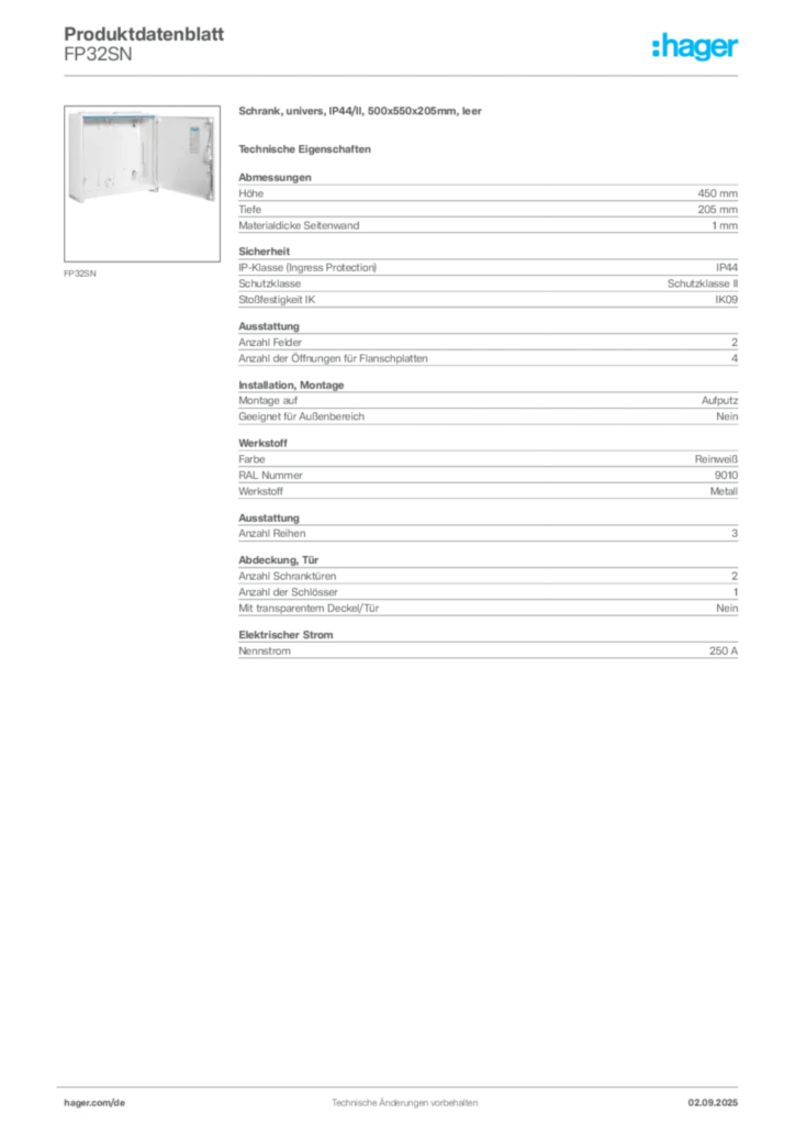 Bild Hager Produktdatenblatt FP32SN | Hager Deutschland