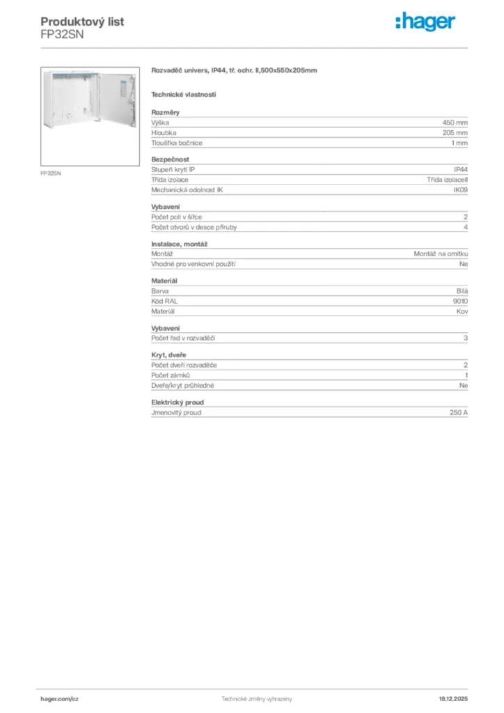 Obrázek Hager Produktový list FP32SN | Hager