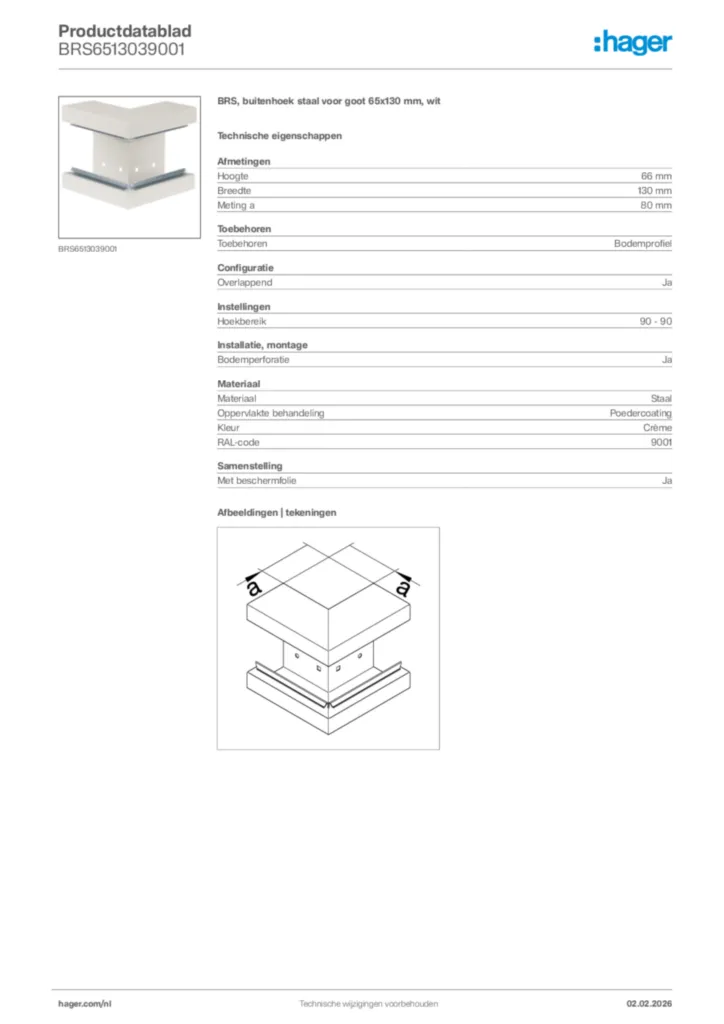 Afbeelding Hager Productdatablad BRS6513039001 | Hager Nederland