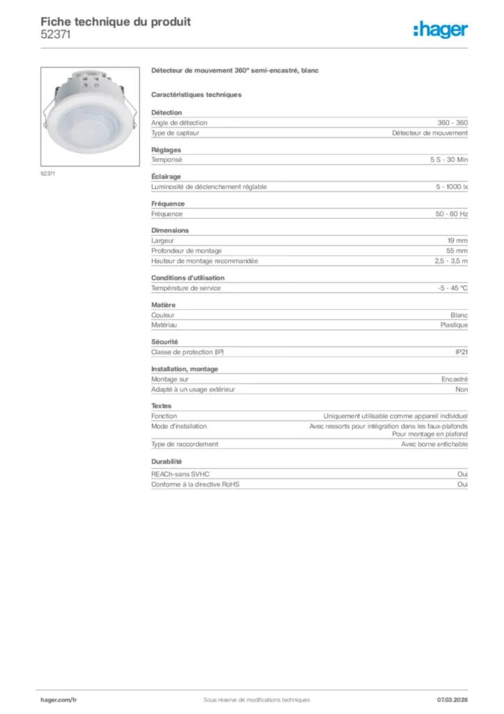 Image Hager Fiche technique du produit 52371 | Hager France