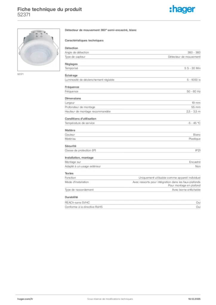 Image Hager Fiche technique du produit 52371 | Hager France