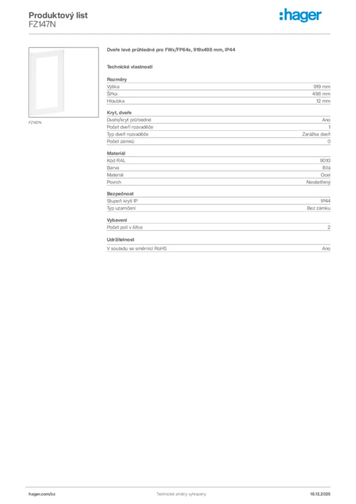 Obrázek Hager Produktový list FZ147N | Hager