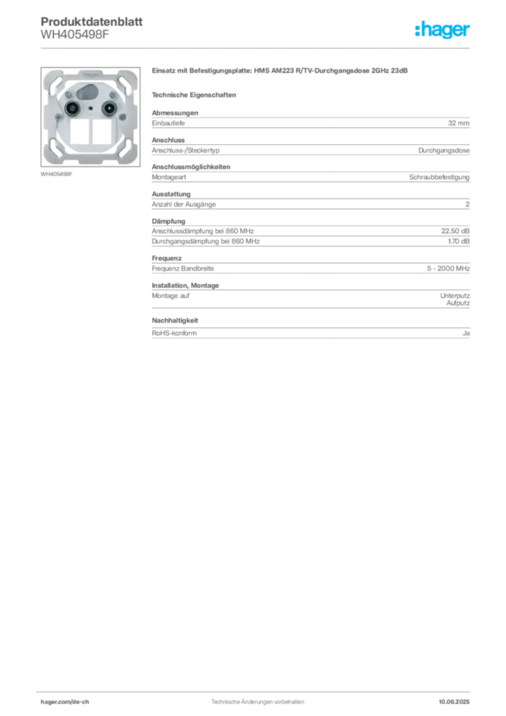 Bild Hager Produktdatenblatt WH405498F | Hager Schweiz