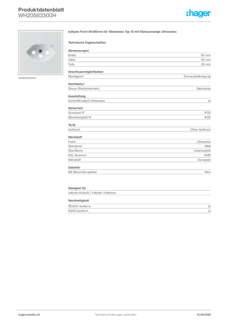 Bild Hager Produktdatenblatt WH20583300H | Hager Schweiz