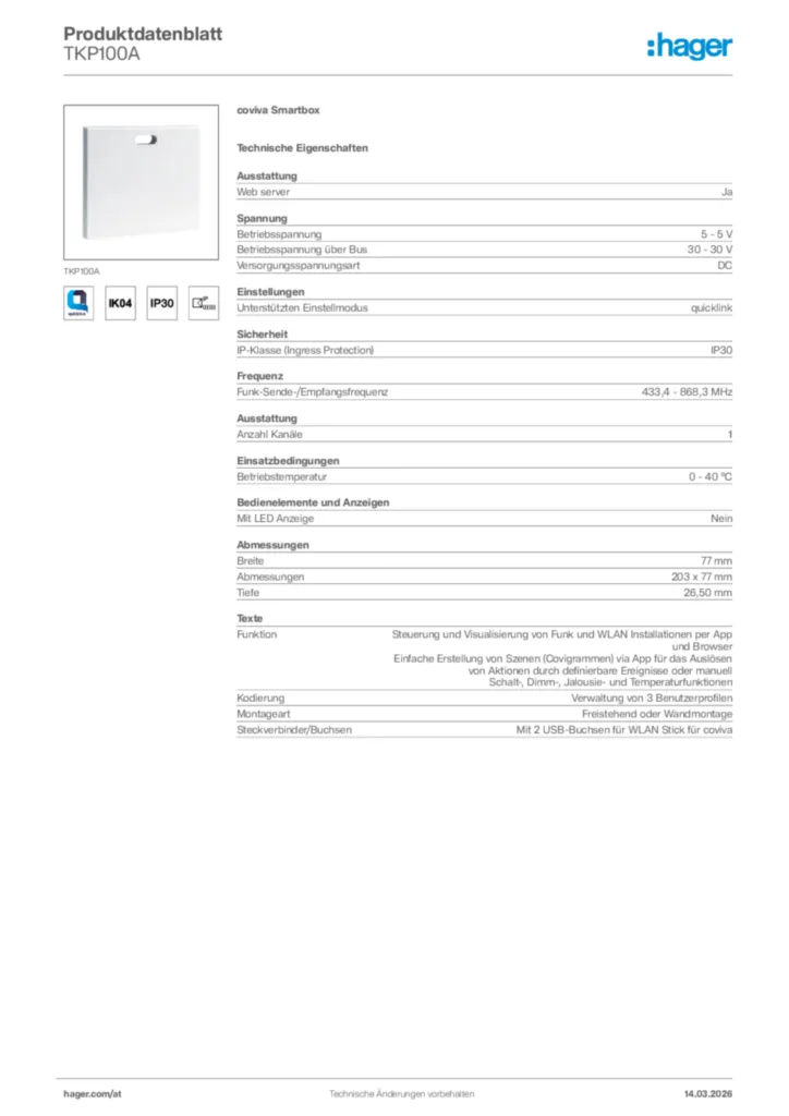 Bild Hager Produktdatenblatt TKP100A | Hager Deutschland