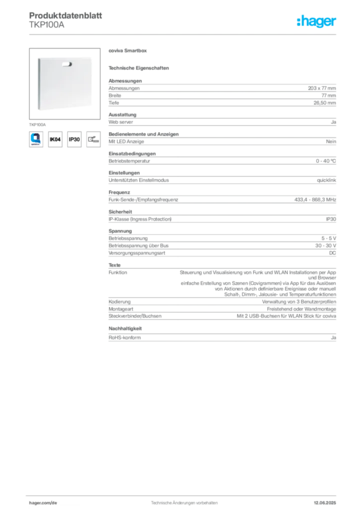 Bild Hager Produktdatenblatt TKP100A | Hager Deutschland