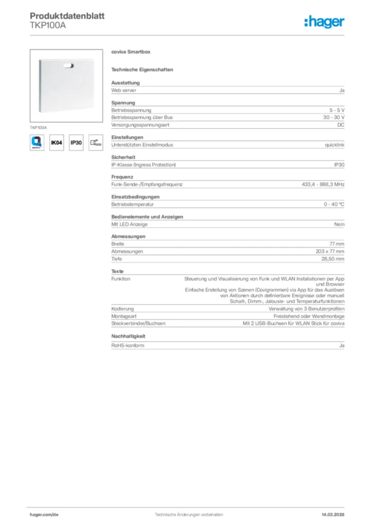 Bild Hager Produktdatenblatt TKP100A | Hager Deutschland