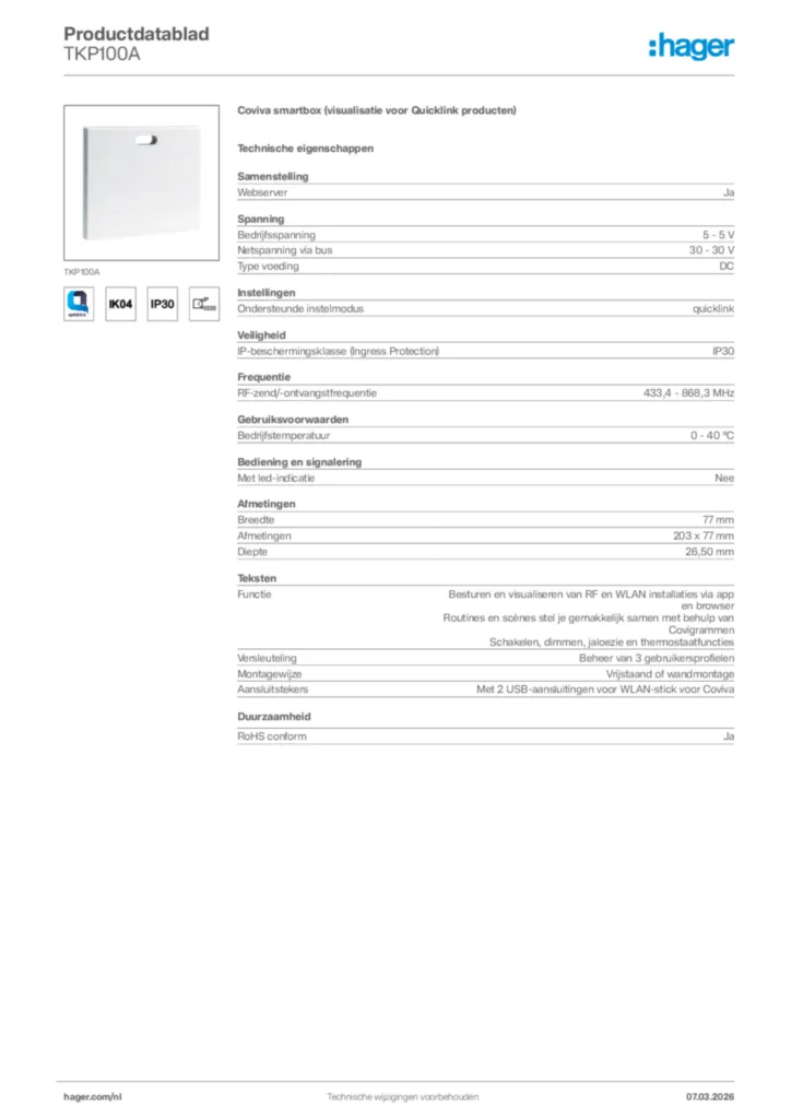 Afbeelding Hager Productdatablad TKP100A | Hager Nederland