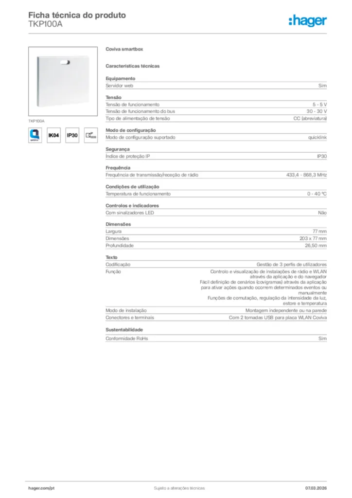 Imagem Hager Ficha técnica do produto TKP100A | Hager Portugal