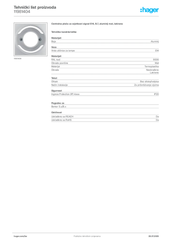 Slika Hager Product data sheet 11981404  | Hager