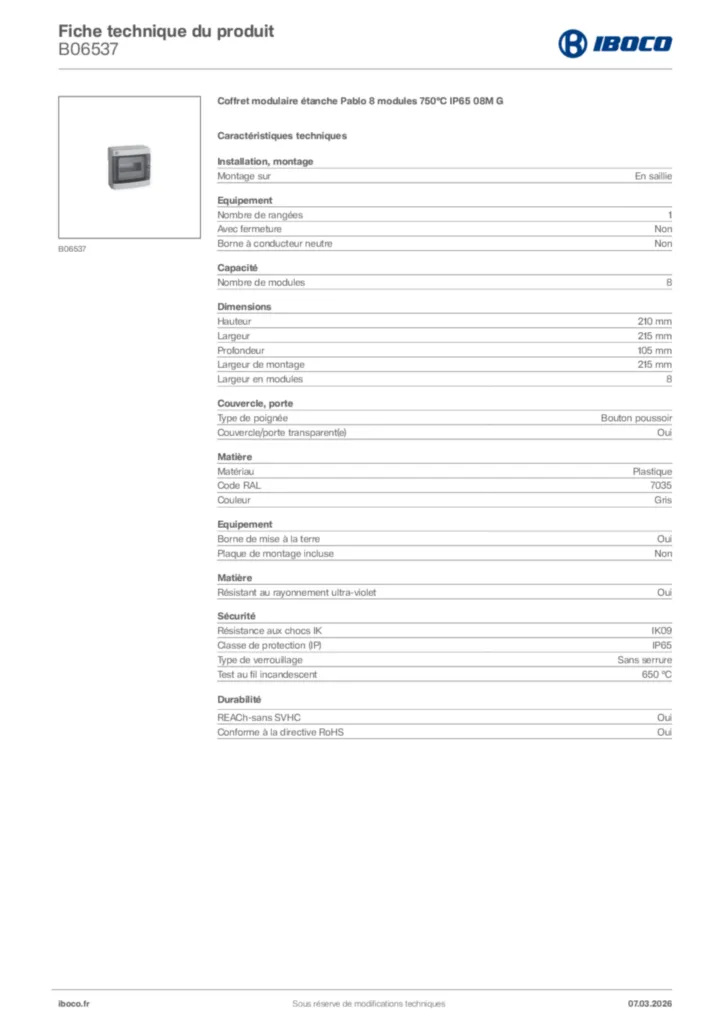 Image Iboco Fiche technique du produit B06537 | Hager France