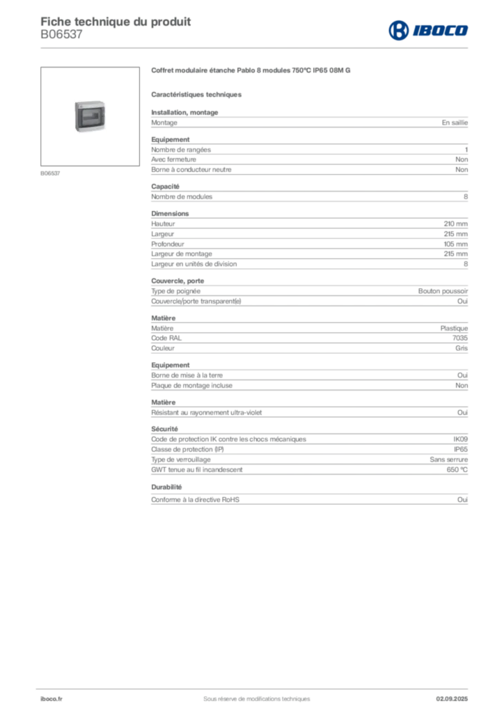 Image Iboco Fiche technique du produit B06537 | Hager France