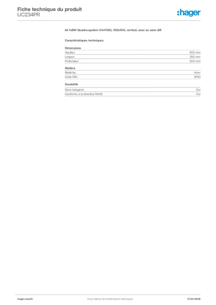 Image Hager Fiche technique du produit UC234PR | Hager France