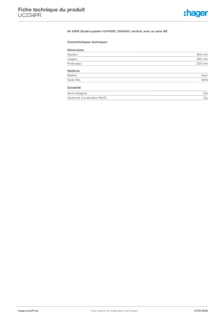 Image Hager Fiche technique du produit UC234PR | Hager Belgique