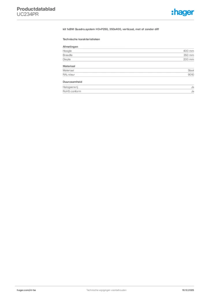 Afbeelding Hager Productdatablad UC234PR | Hager Belgium