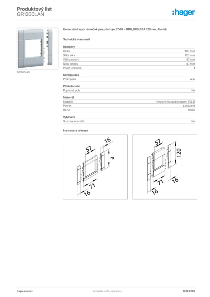 Obrázek Hager Produktový list GR1200LAN | Hager
