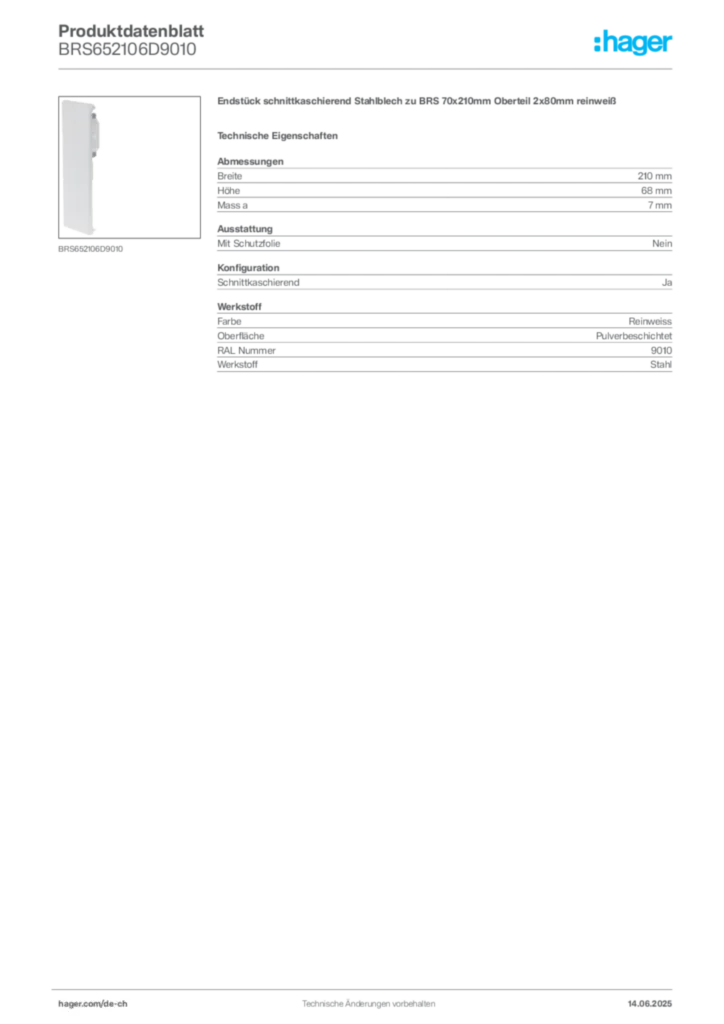 Bild Hager Produktdatenblatt BRS652106D9010 | Hager Schweiz