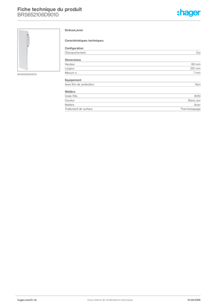 Image Hager Fiche technique du produit BRS652106D9010 | Hager Suisse