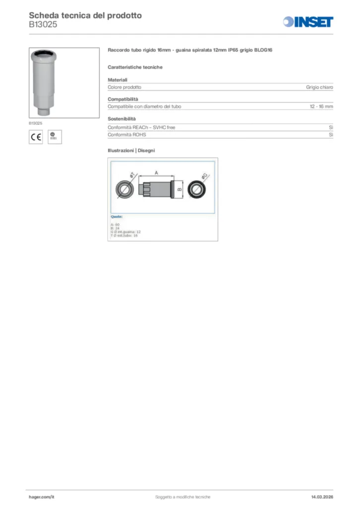 Immagine Inset Scheda tecnica del prodotto B13025 | Hager Italia