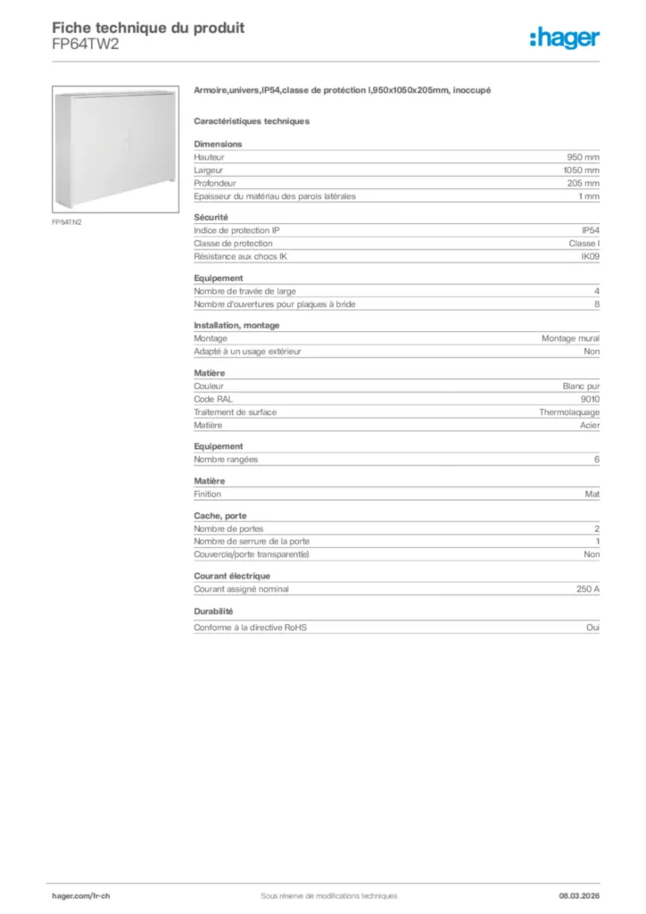 Image Hager Fiche technique du produit FP64TW2 | Hager Suisse