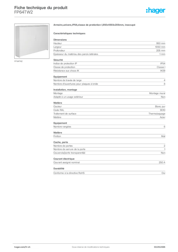 Image Hager Fiche technique du produit FP64TW2 | Hager Suisse
