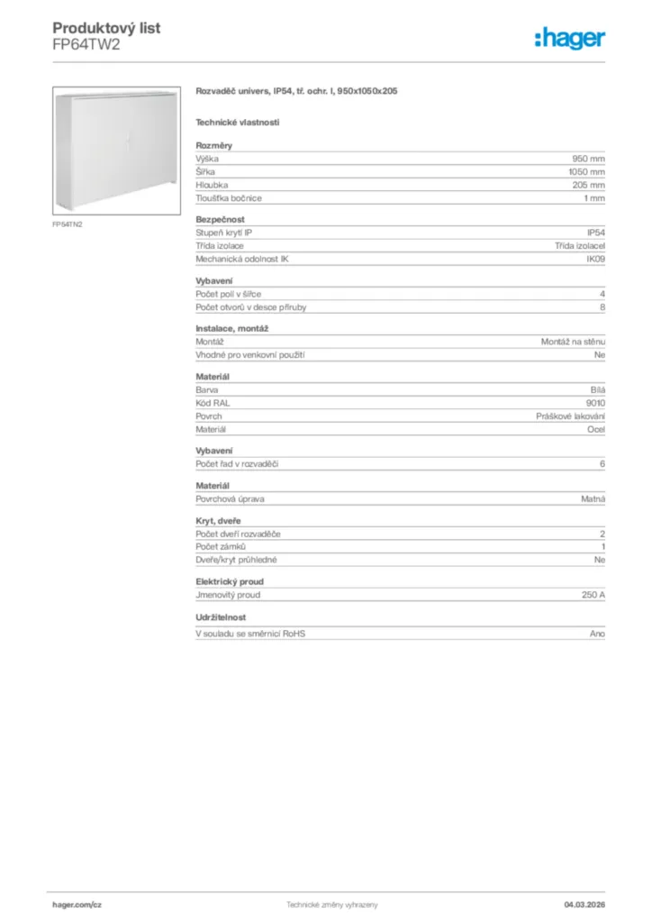 Obrázek Hager Product data sheet FP64TW2 | Hager