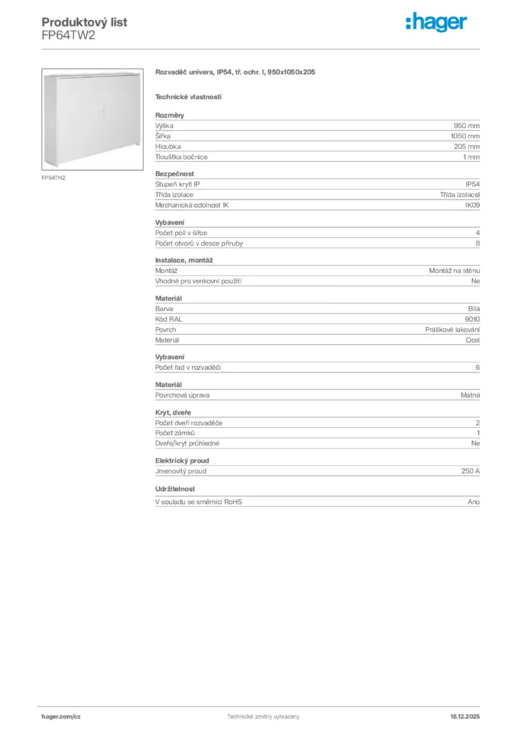 Obrázek Hager Produktový list FP64TW2 | Hager